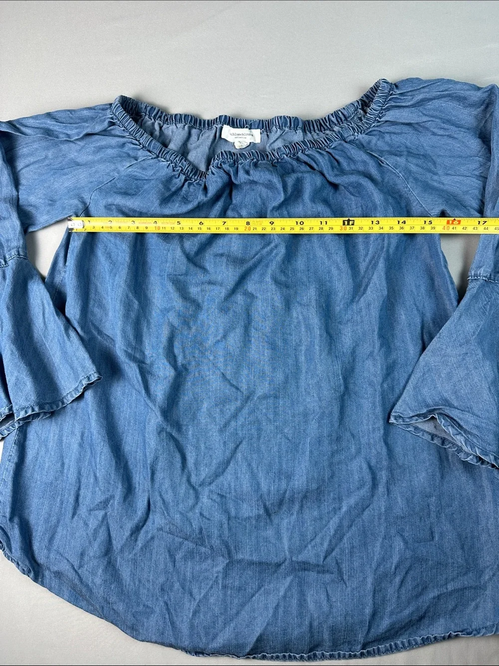 Women’s Long Sleeve Shirt Lightweight Chambray Off-Shoulder Blue Bell Sleeve